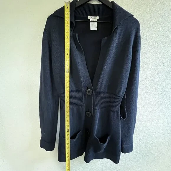 Chloe Linen Wool Long Cardigan Sweater Size M Navy Blue